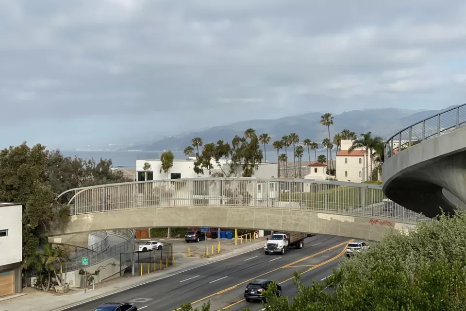 Pedestrian bridge over the Pacific Coast Highway in Santa Monica, California